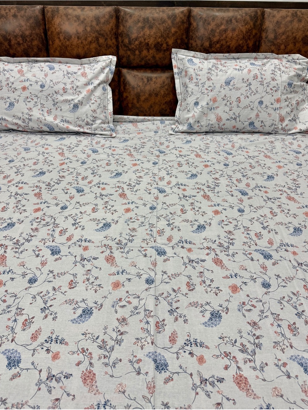 100% Cotton Printed  Cotton Sheet Set in White with Blue and Coral Floral Patter